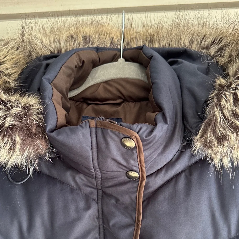 Chaps Dark Blue Puffer Jacket with Faux Fur Trim Hood SZ Large